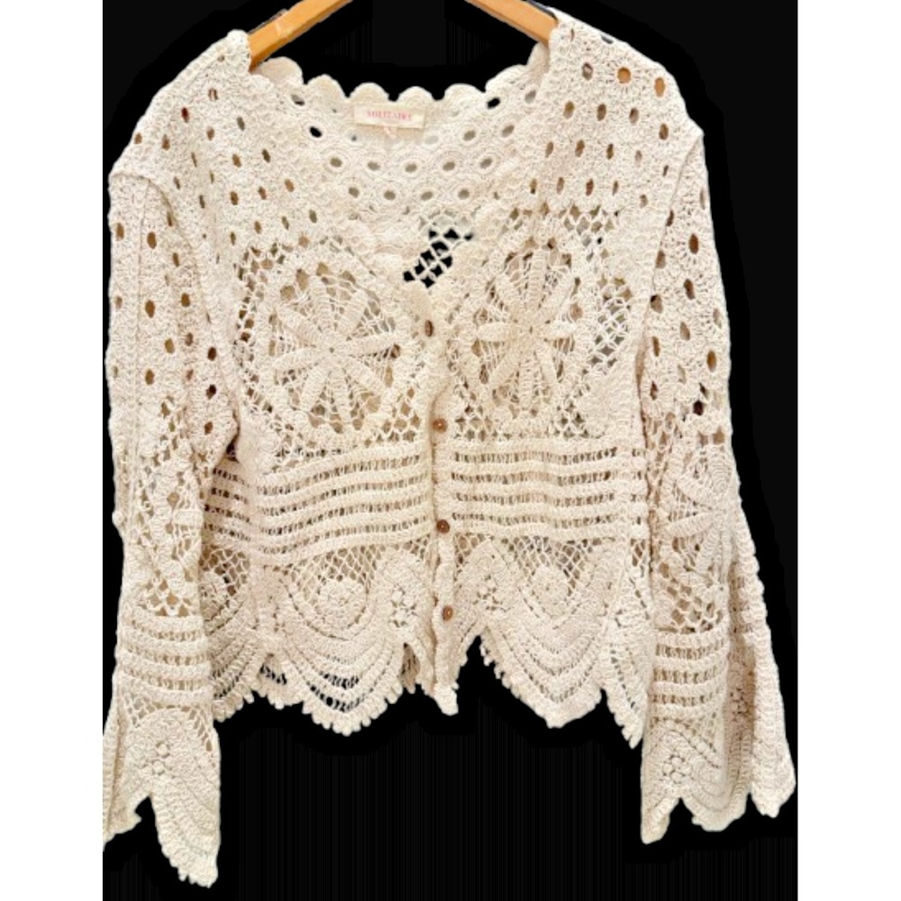Solitaire Crochet Knit Cardigan Boho Festival Coastal Open Knit Sweater L